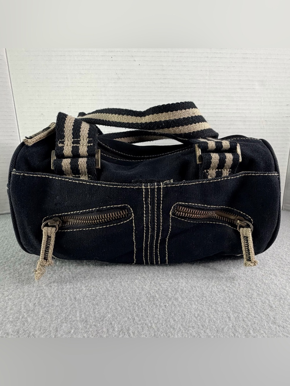 Vintage 90s Roots Black Canvas Barrel Bag Shoulder Purse Cylindrical Grunge